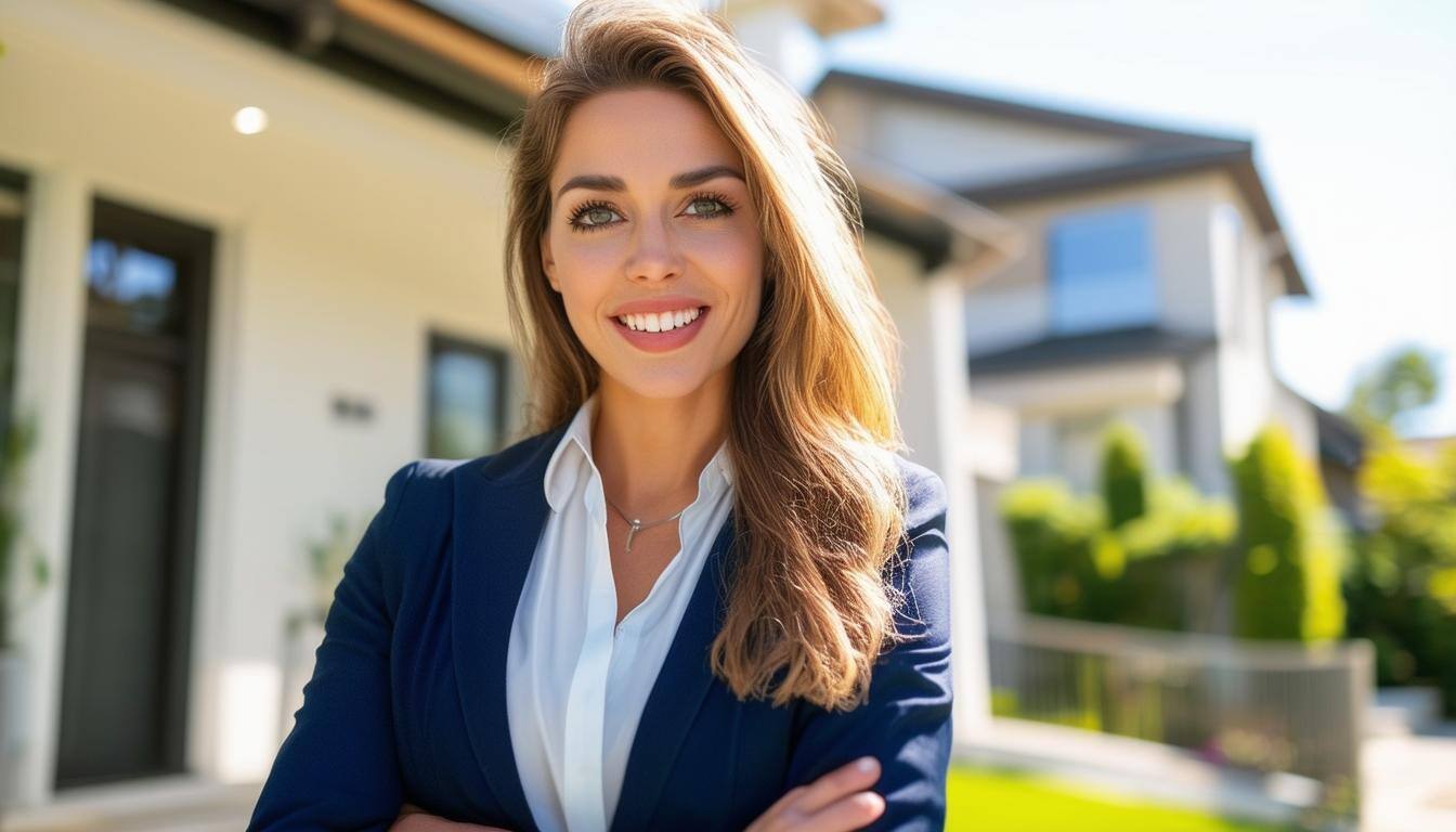 A real estate agent out at an open house on a bright and sunny day